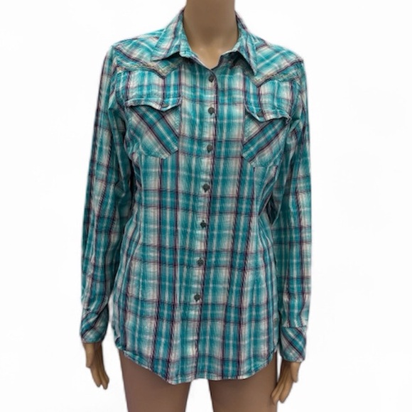 Ariat Tops - Ariat REAL Plaid Western Button Up Shirt Turquoise Purple Womens Large